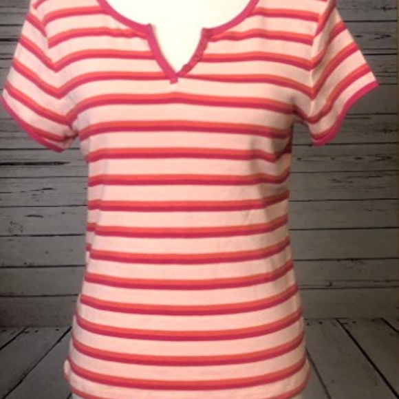 New Bossini Short Sleeve Stripe Top Large Vneck Tee T-Shirt Pink‎ - Picture 3 of 4